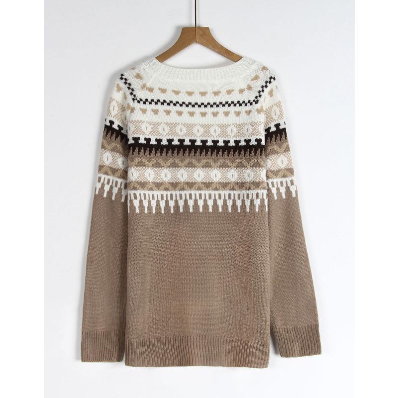 Women S Fair Isle Ethnic Geometric Pattern Round Neck Long Sleeve Pullover Sweater