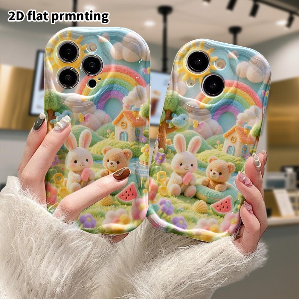 Phone Case: 2D flat, fits iPhone 18 17 16 15 14 13 12Pro, with rabbit and little bear, perfect Christmas and Halloween holiday gift
