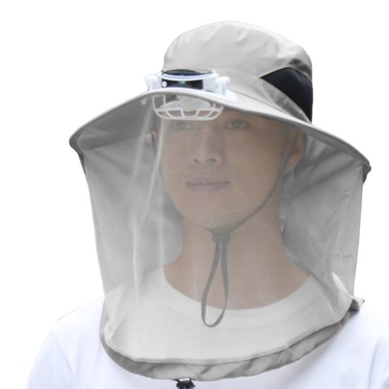 Mosquito Head Net Hat with Fan for Men Women Wide Brim Sun Hat with Mesh Net Summer Cooling Bucket Hat for Outdoor Fishing Hiking