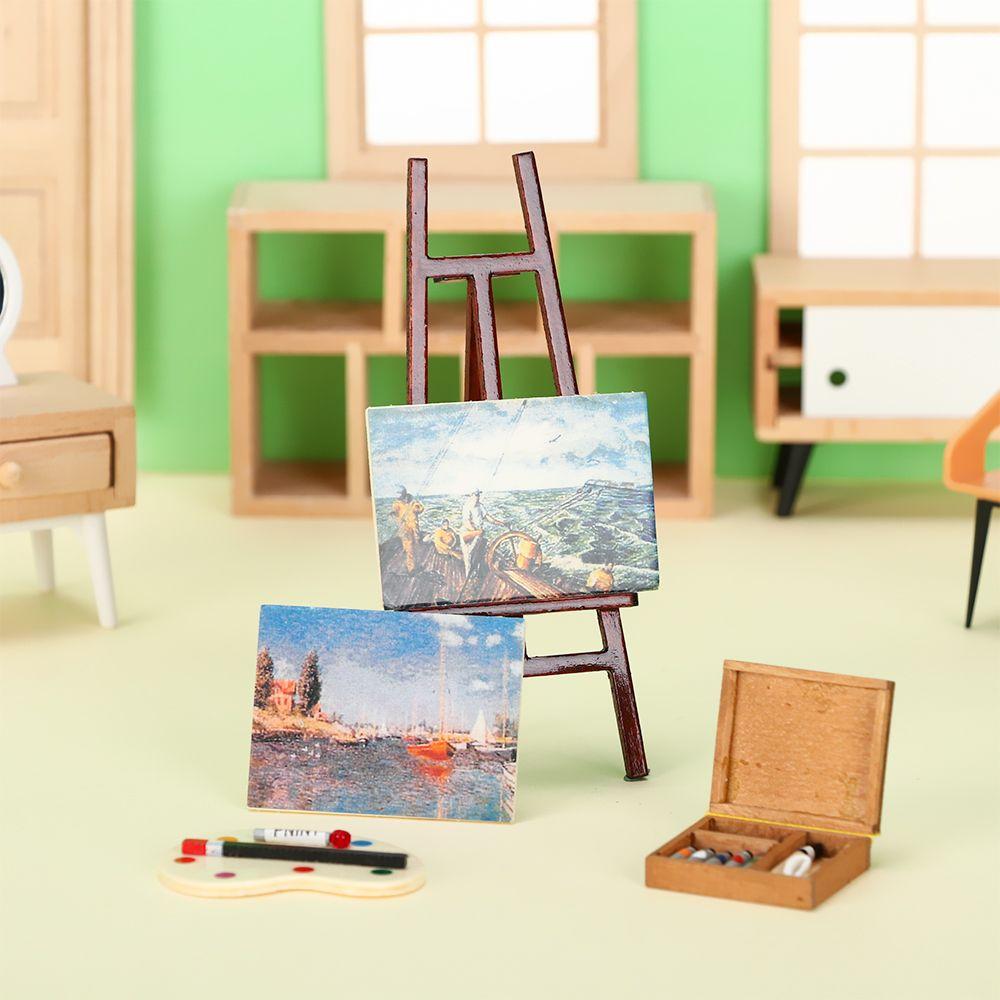 1:12 Dollhouse Dolls DIY Model Set Mini Wood Box Miniature Easel Artist Paint Pen Drawing Board