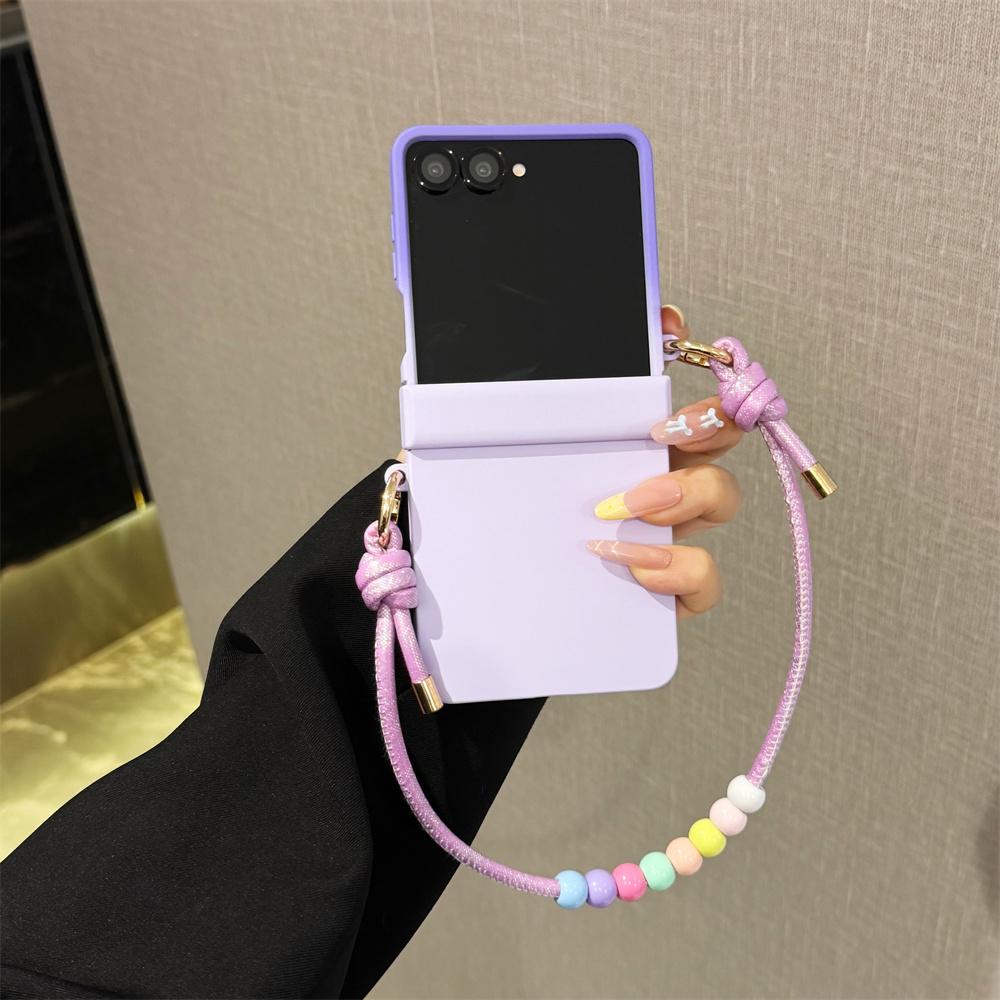 Gradient Color Hard Hinge Full Protection With Colorful Beaded Wrist Strap Phone Case For Samsung Galaxy Z Flip 8 7 FE 6 5 4 3