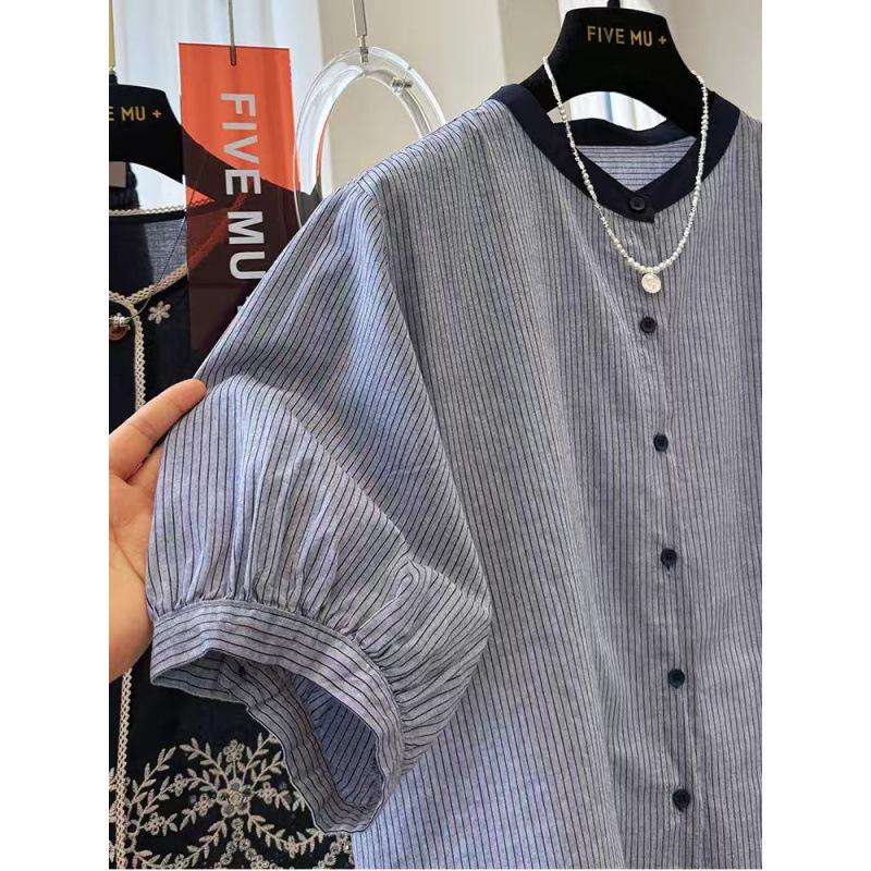 Women Ruffled Color Block Striped Slant Shoulder Short Sleeve Casual Blouse Top