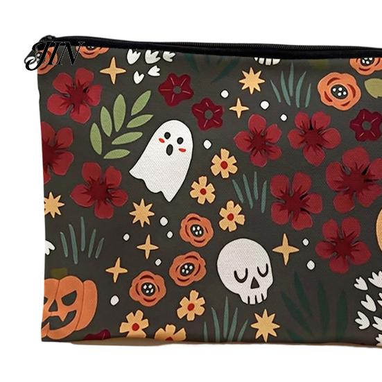 Thick Fabric Storage Bag Bag, with Halloween Pattern Printed, Smooth Zipper Themed Organizer Canvas Makeup Large Capacity Travel Cosmetic Pouch