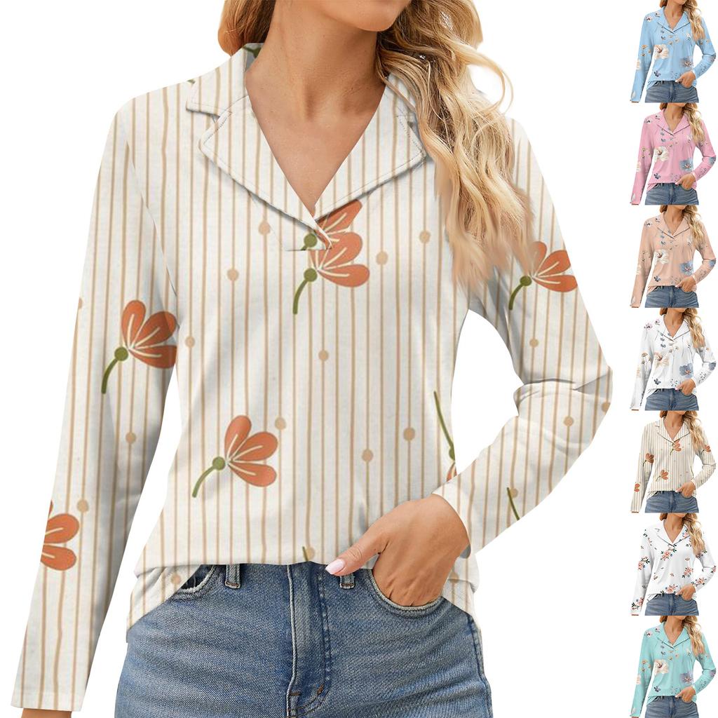 Женская мода для отдыха с длинным рукавом и V-образным вырезом с цветочным принтом