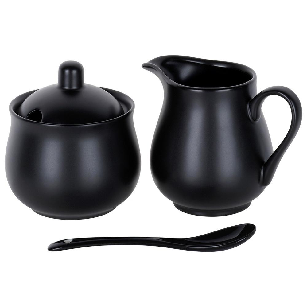 Set of Sugar Bowl, Milk Jug, Spoon, Sugar Milk Container, Black
