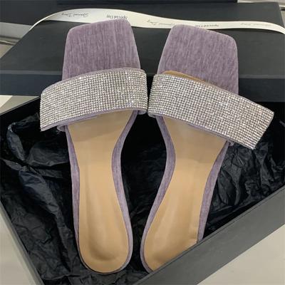 Eilyken Летние Блестящие КРИСТАЛЛЫ Бриллианты Квадратный Носок Женские Шлепанцы Низкий Каблук Вечеринка Платье Мюли Обувь Слайды