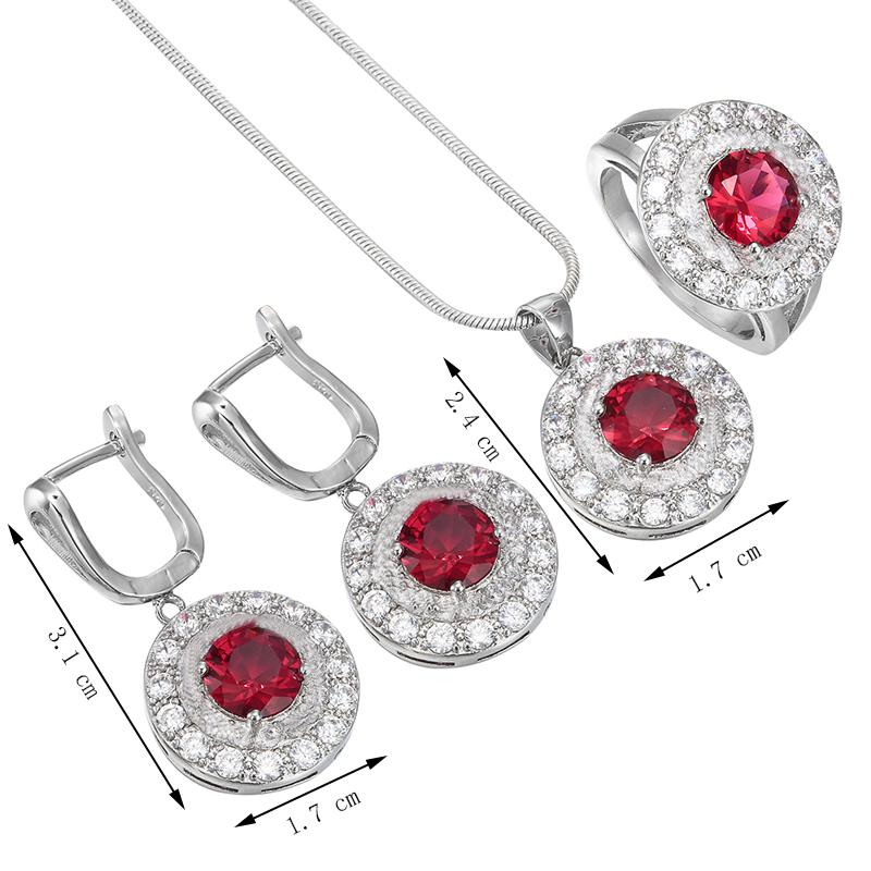 Мода Круглый Красный Кристалл Горный Хрусталь Серебряный Цвет Обручальное Кольцо Серьги Ожерелье Набор