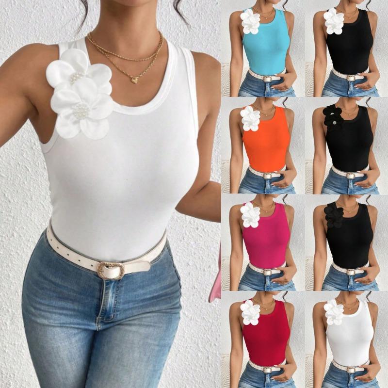 Women European Style 3d Flower Decoration Solid Sleeveless Crop Tank Top