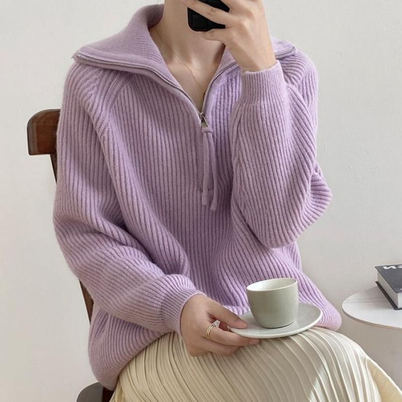 Женские свитера, осенне-зимние топы с длинными рукавами, свободная вязаная водолазка на молнии, однотонный пуловер, модный повседневный свитер большого размера