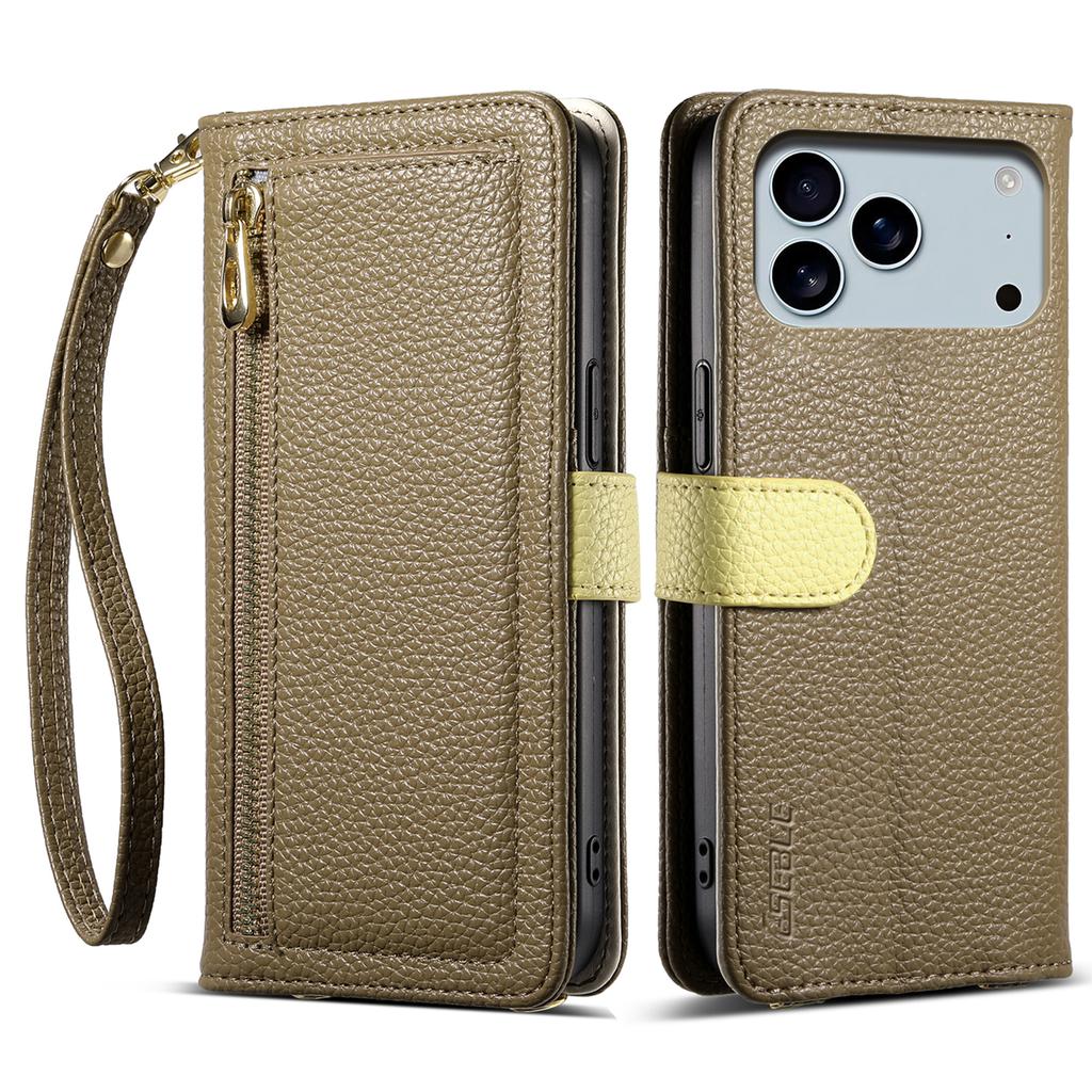 ESEBLE E11 For iPhone 17 Pro Max Case Zipper Pocket Litchi Texture Leather Phone Cover with Mirror and Wrist Strap