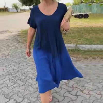 Женское платье миди с круглым вырезом и коротким рукавом, градиентного цвета, длиной до середины голени, повседневное