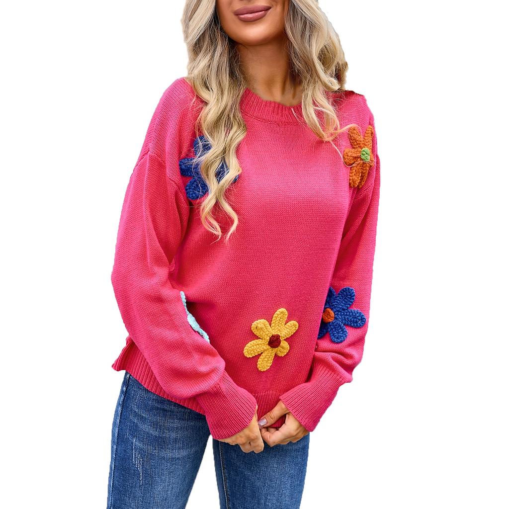 Женский повседневный модный удобный пуловер с круглым вырезом контрастного цвета с цветочным принтом и длинным рукавом уличный тренд вязаный свитер