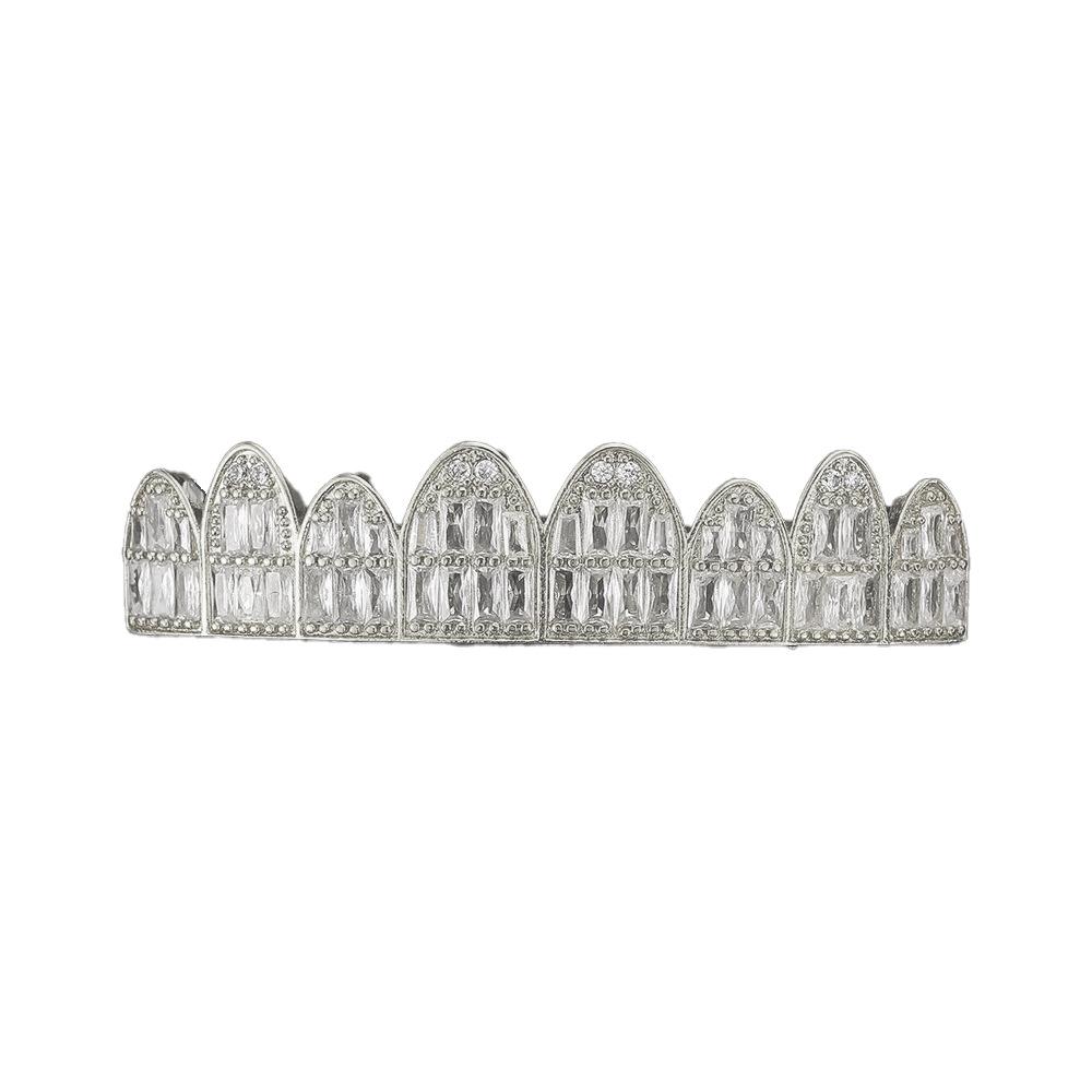 European and American Trendy HIOHOP 18K Gold Plated Hip Hop Grillz with Copper Inlaid Square Rhinestones.