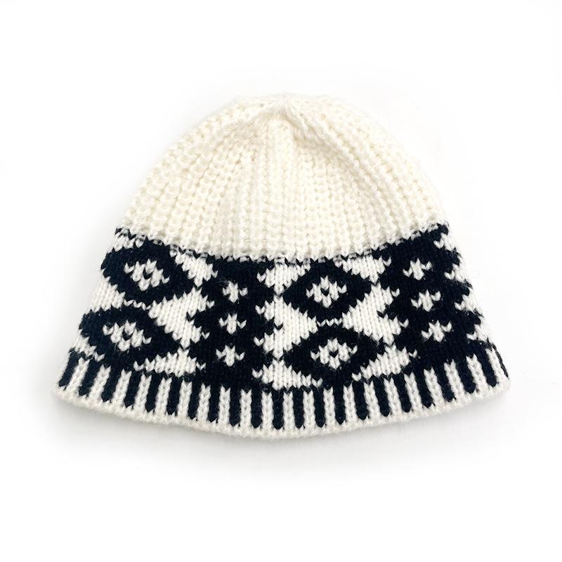 Fair Island hat women's autumn and winter big head circumference plaid knitted hat retro warm wool bag head cold hat bucket basin
