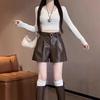 2024 A/W Women's High Waist Black PU Leather A-Line Booty Shorts: Wide-Leg, Casual, Slimming