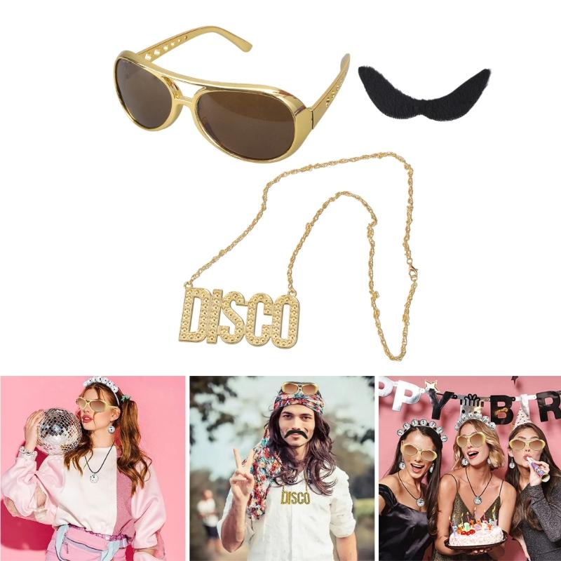 Набор из 3 мужских аксессуаров для костюма в стиле диско 70-х: Ожерелье, Усы, Солнцезащитные очки, Очки в стиле хиппи для тематической вечеринки в стиле диско