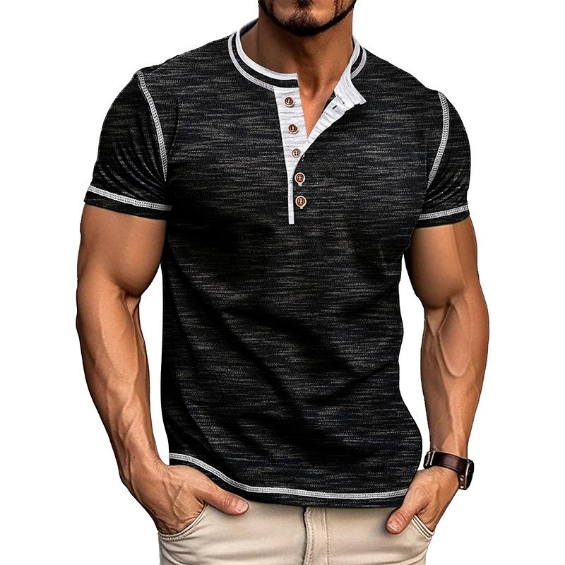 Men's Summer Round Neck Color Blocked Short Sleeved T-shirt Plus Size Men's Button Up Henley Shirt