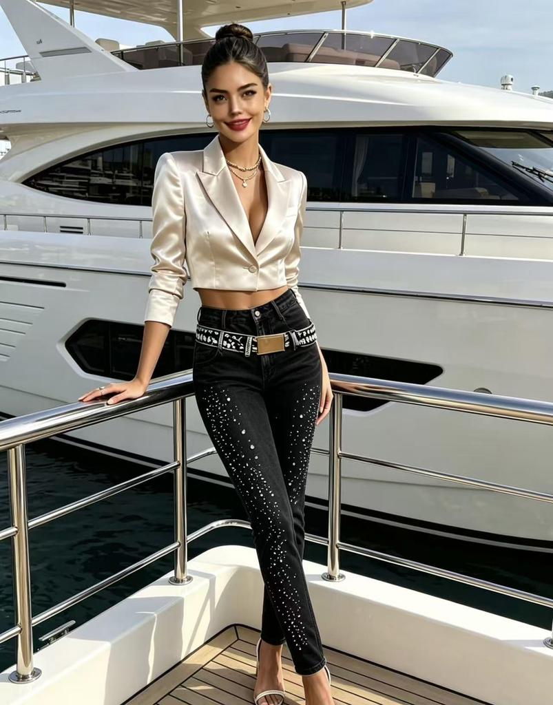 Женские джинсы прямого кроя с высокой талией и стразами, Весна/Лето 2026 (Похудение)