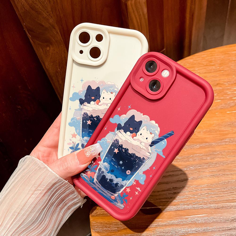 Для iPhone 16 15 Pro Max Redmi Note 13 12 11 Pro Samsung S24 Plus S24 Ultra A52 A72 A54 Мультяшный черный белый кот полная камера защитный мягкий чехол