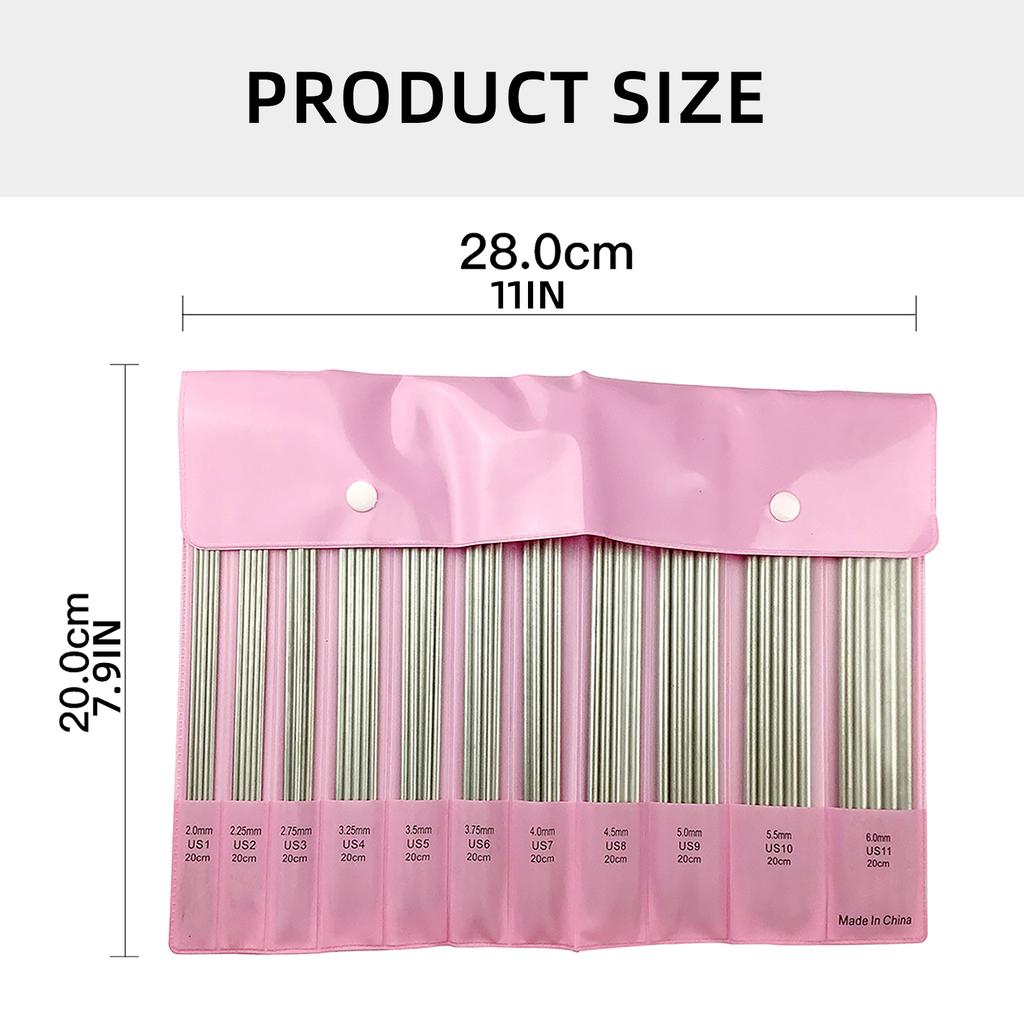 11Pairs 20cm Long Stainless Steel Knitting Needle Double Pointed Head Knitting Needle for Beginner Hobbyist 2.0mm-6.0mm