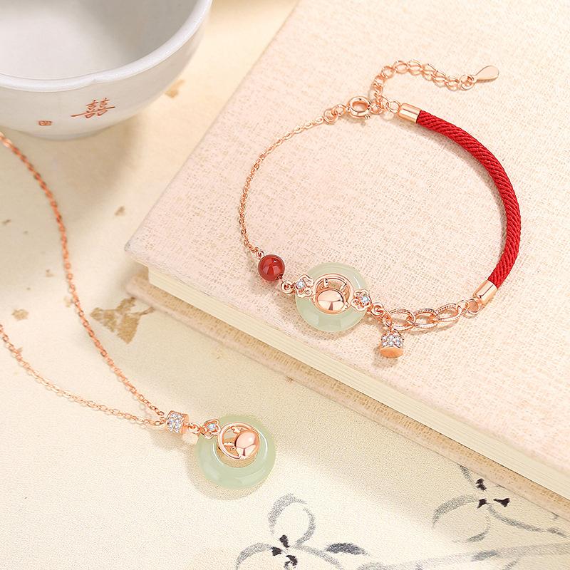 Ping An Buckle The Year of The Loong Red Rope Bracelet Female Sterling Silver New Chinese China-Chic Life Year Hetian Jade Hand Rope
