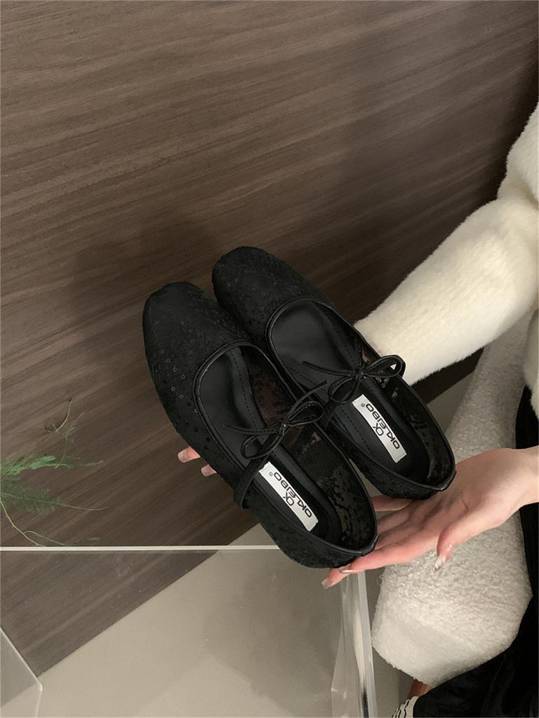 Gentle Evening Breeze Bow Ballet Shoes Girl 2025 New Fairy Hollow Mesh Lace Embroidered Shoes Single Shoes