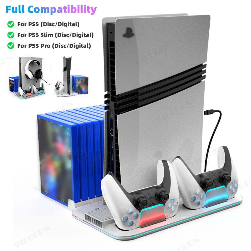 Охлаждающая подставка для PS5 PS5 Slim PS5 Pro Совместимая консоль с зарядным устройством для двух контроллеров и RGB-подсветкой
