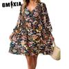 Женская мода лето весна цветочный принт с длинным рукавом V-образным вырезом повседневные платья