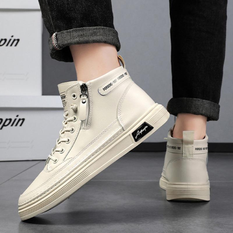 Spring New Casual Flats Shoes for Men Fashion Comfortable Soft Leather Mid-top Sneakers Male Boots Side Zipper Plate Shoes Tenis