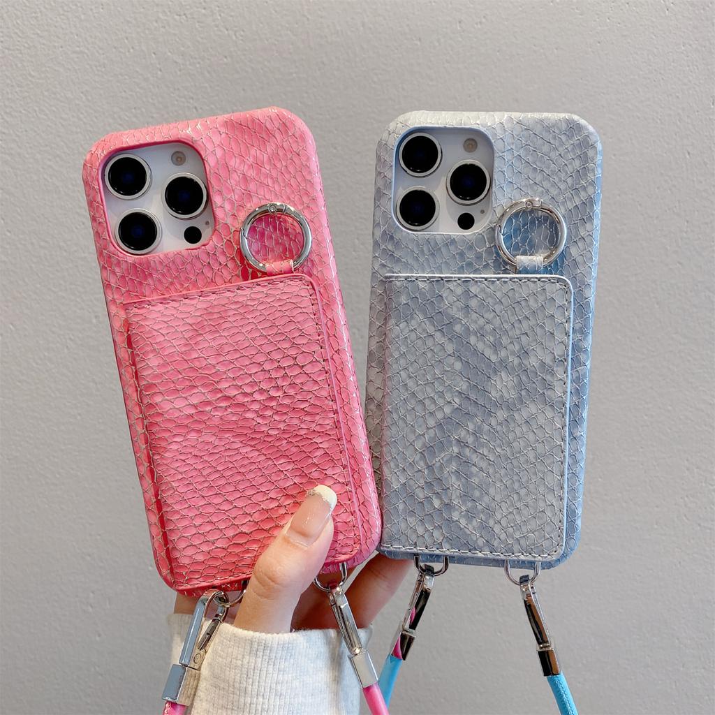 For iPhone 15 Pro Case Card Holder Mirror Snake Texture PU+PC Back Cover with Lanyard
