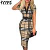 Женская мода лето весна клетчатый принт с короткими рукавами и v-образным вырезом с высокой талией повседневные платья
