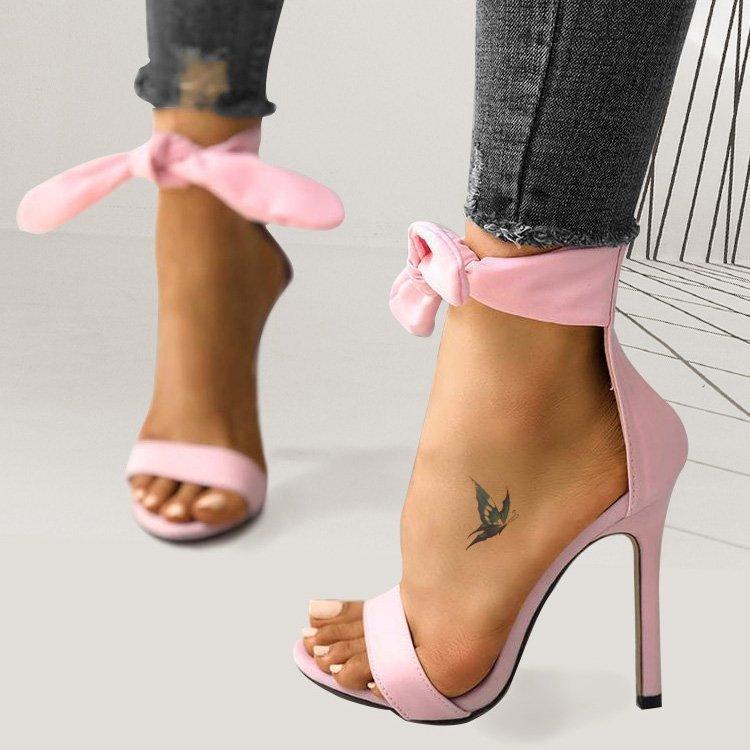 Brand Designer Pink Yellow Suede High Heel Sandals Ankle Big Bowknot Gladiator Sandal Shoes Single Strap Thin Heel Pumps 25