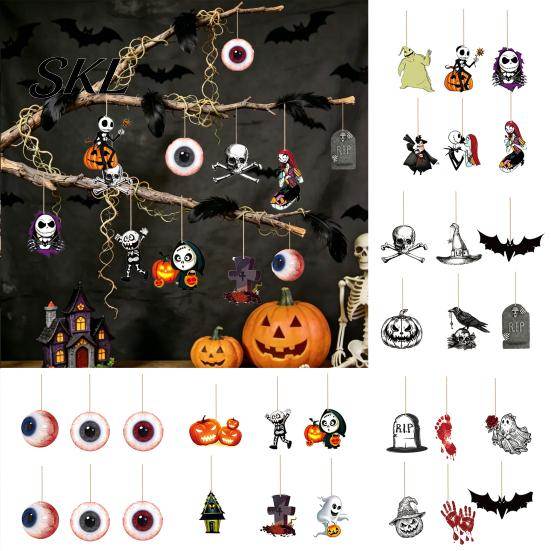 Spooky Party Decorations 6Pcs Halloween Wooden Hanging Decoration, Ghost Pumpkin Eyeball Themed Decoration Ornament with Rope, Holiday Decor Wall