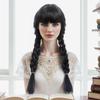 Черная парик-косплей с двумя косами «Рыбий хвост» и челкой – Высокотемпературное шелковое волокно