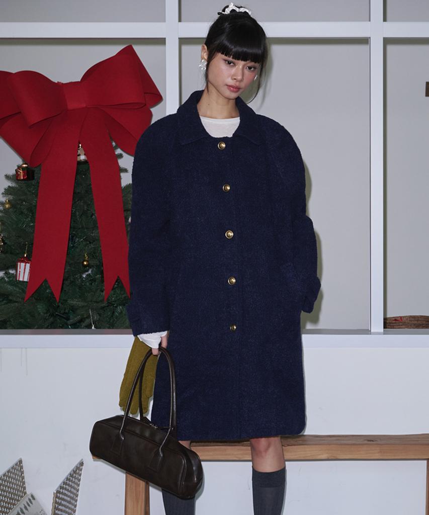 Opening Sunshine Boucle Raglan Single Wool Long Coat_Navy