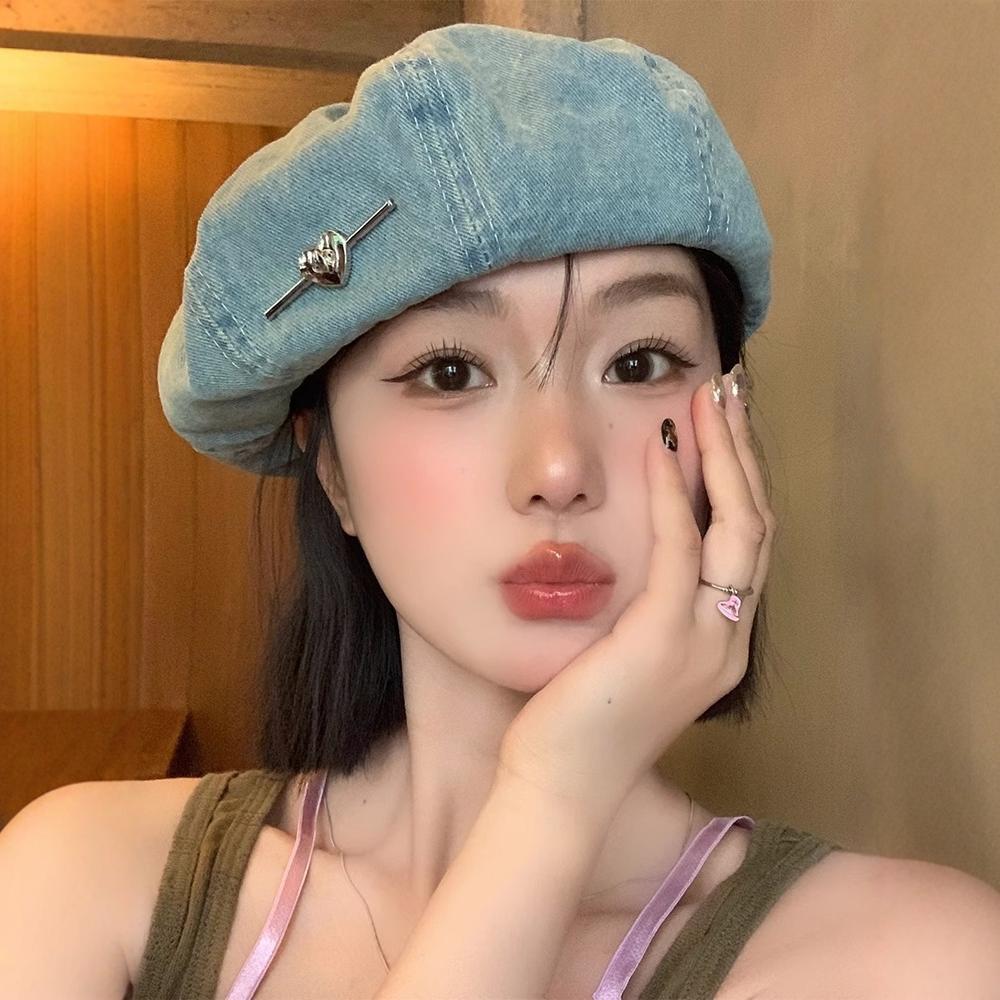Берет Женский Любовь вываренный Деним Восьмиугольная Шляпа Тонкая Дышащая Восьмиугольная Шляпа Художника Большой Обхват Головы Подчеркивающий Лицо Маленькая Шляпа