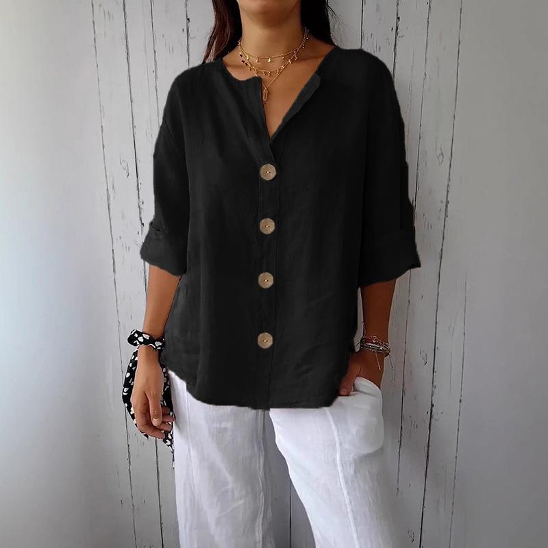 Summer Loose Fitting Women's V-neck Cotton Linen Button T-shirt Top for Women Shirt