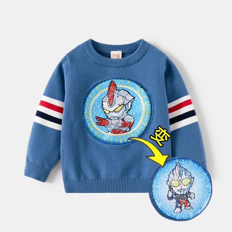 Spring and Autumn Children's Clothing Boy Ultraman Clothes Color Change Sequins Affixed Cloth Embroidered Pullover Sweater Kids Cotton Thread Tops