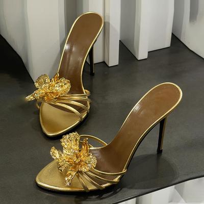 Сексуальные золотые туфли-стилетто на высоком каблуке, женские модные дизайнерские сандалии с металлическими цветами, женские мюли для банкета и вечеринки, размер 40