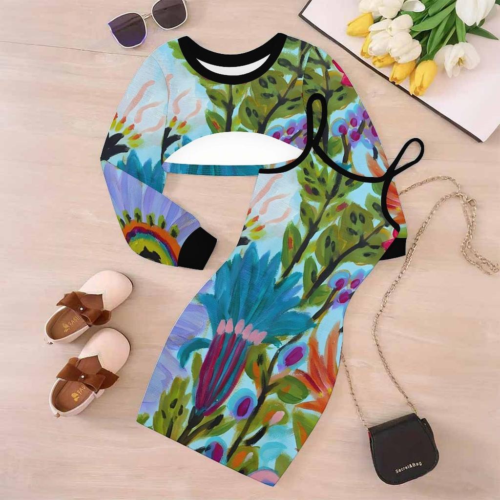 Girls Cartoon 2 Piece Outfits, Long Sleeve Crop Top + Spaghetti Strap Bodycon Dress, Tropical Floral Print Party Dress Set