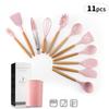 11-Piece Pink Silicone Kitchenware Set with Beech Wood Handles and Storage Bucket