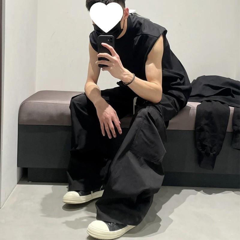 American High Street RO Style Wide Leg Cargo Pants Couples Dark Multi Pocket Flared Trousers