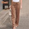 Women Polyester Cotton Pants Autumn Casual Solid Elastic Waist Straight Trousers Loose Long Pants Wide Leg Trousers
