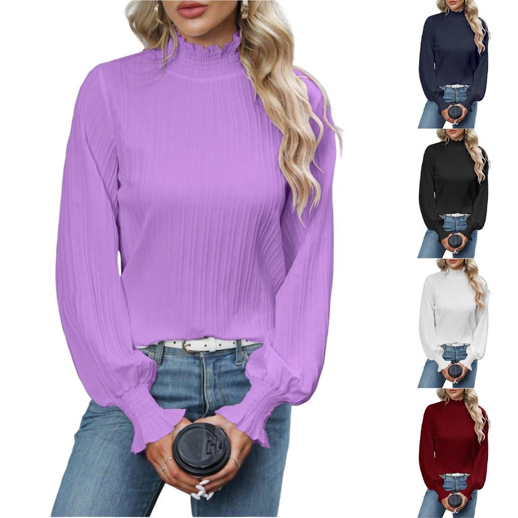 Women's Fashionable Round Neck Long Sleeved Solid Color Loose Shirt Top