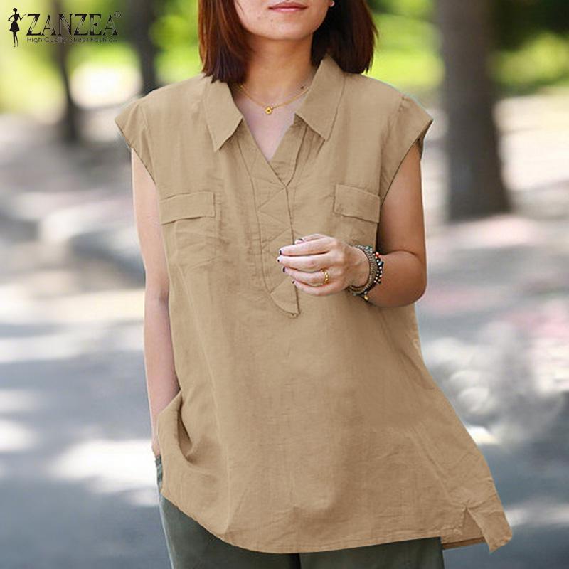 ZANZEA Женская повседневная летняя блузка без рукавов с отложным воротником