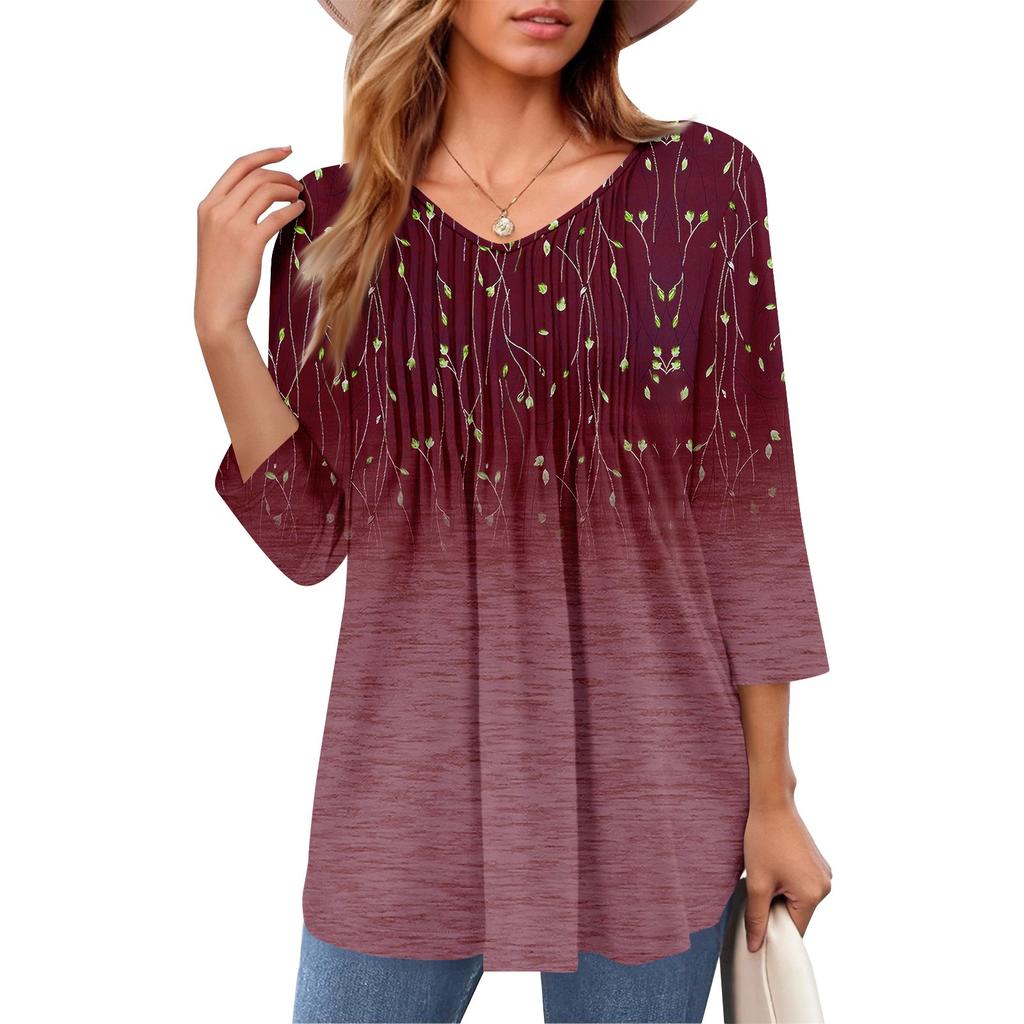 Женские топы с V-образным вырезом и рукавом три четверти в полоску, плиссированные, повседневные, летние, модные, рубашки