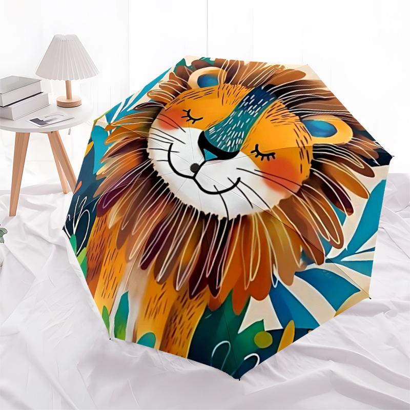 1pc Lion, Jungle Automatic Folding Umbrella - Windproof Compact Travel Umbrella with Auto Open/Close, 8-Rib Heavy-Duty Shaft for Women/Men A057