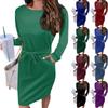 Женское повседневное модное сексуальное платье с круглым вырезом и длинным рукавом на талии, однотонное платье