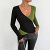 2025 Элегантный трикотажный свитер с V-образным вырезом и цветными блоками - Женский осенне-зимний топ с длинным рукавом