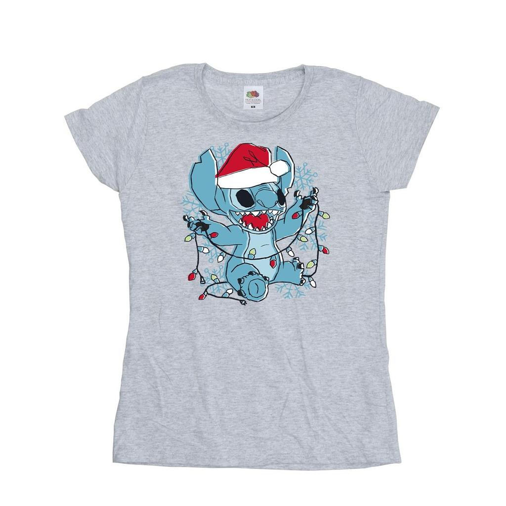 Disney Womens/Ladies Lilo And Stitch Christmas Lights Sketch Cotton T-Shirt